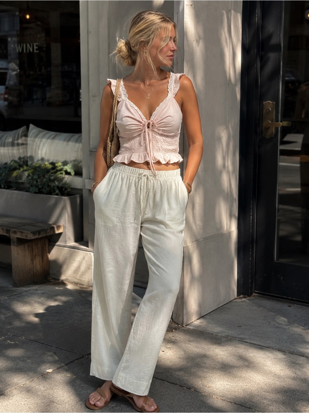 Blush Pink Ruffle Tie Strap Smocked Crop Top Size Small